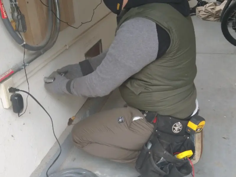 Electrician performing outlet wiring in a North Vernon garage